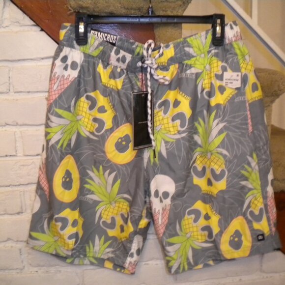 Micros Skull Pineapple Avocado Ice Cream Swim Trunks, Mesh Pockets Drawstring - Picture 2 of 2